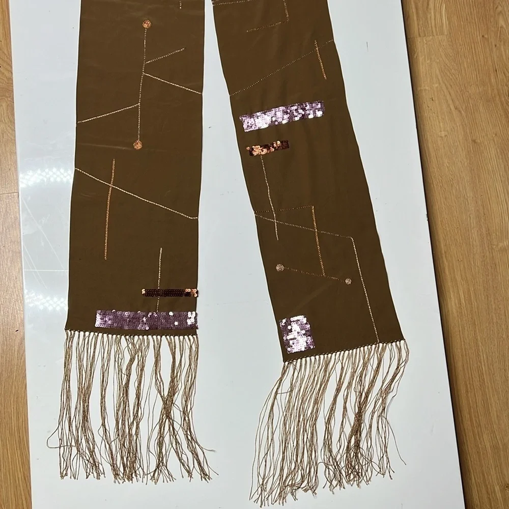 Geometric Silk 110” Scarf with Fringe and Beads - Picture 4 of 6